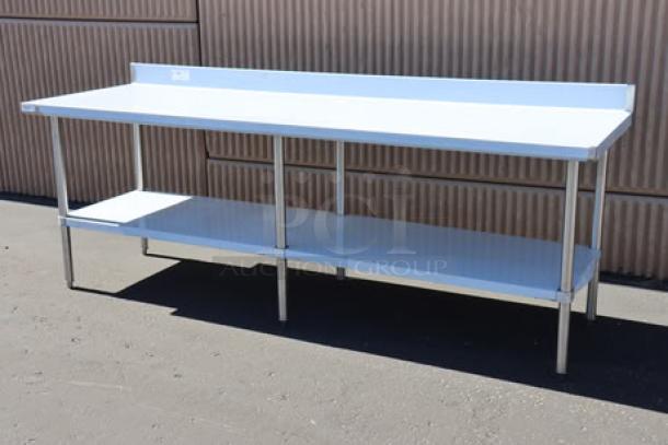 BRAND NEW Regency 600TSB3096S stainless steel work table, 30"x96", 16-gauge, 4" backsplash, undershelf, minor scratches.