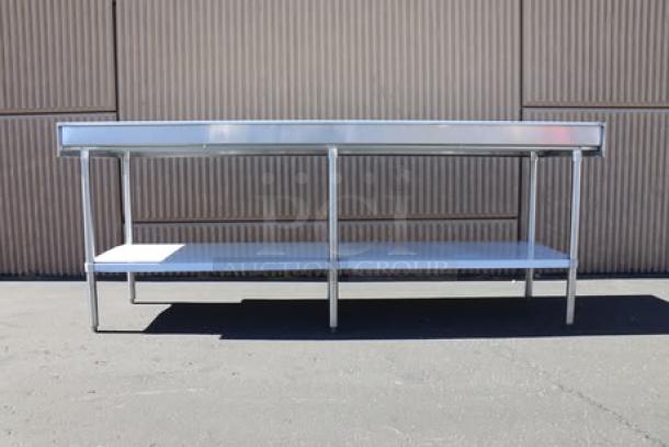 Brand new Regency 600TSB3096S, 30"x96" 16-gauge stainless steel commercial work table, 4" backsplash, undershelf.