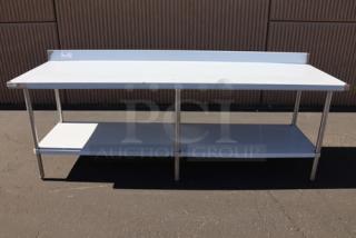 BRAND NEW Regency 600TSB3096S 30"x96" 16-gauge stainless steel work table with 4" backsplash, undershelf, slight scratches.