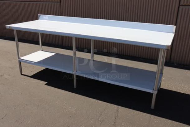 BRAND NEW Regency 600TSB3096S 30"x96" stainless steel work table with 4" backsplash and undershelf. Scratch-n-dent condition.