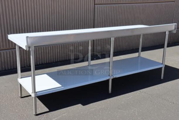 Brand new Regency 600TSB3096S stainless steel work table, 30"x96", 16-gauge, with 4" backsplash and undershelf, scratch-n-dent.