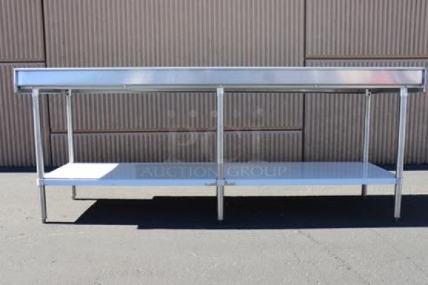 BRAND NEW SCRATCH-N-DENT Regency 600TSB3096S stainless steel work table, 30"x96", with 4" backsplash and undershelf.