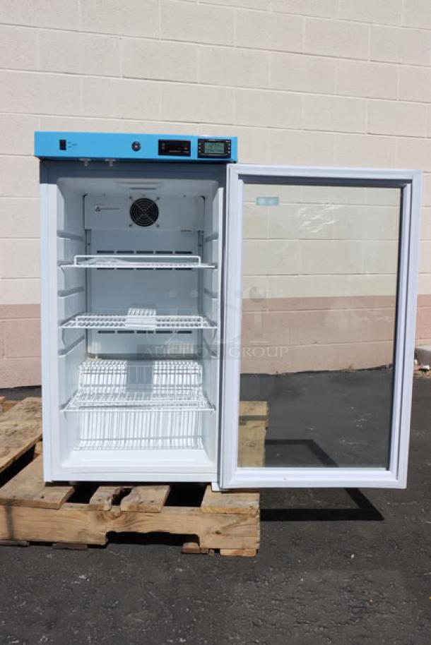 Brand new Summit ACR32G medical refrigerator, 3.17 cu ft, white/blue, glass door, scratch-n-dent, 115V.