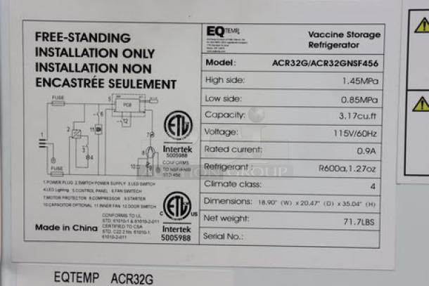Summit Appliance ACR32G medical refrigerator, 3.17 cu. ft., 115V, glass door, white/blue, scratch-n-dent condition; S/N 25-02-08-0060.