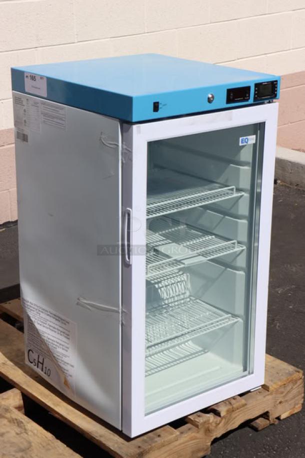 Brand new Summit ACR32G medical refrigerator, 3.17 cu. ft., white/blue, glass door, scratch-n-dent, model EQTemp, 115V.