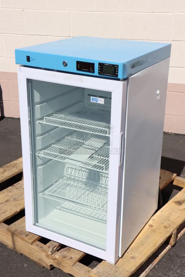 Summit Appliance ACR32G medical refrigerator, 3.17 cu. ft., white/blue, glass door, new scratch-n-dent condition, 115V.