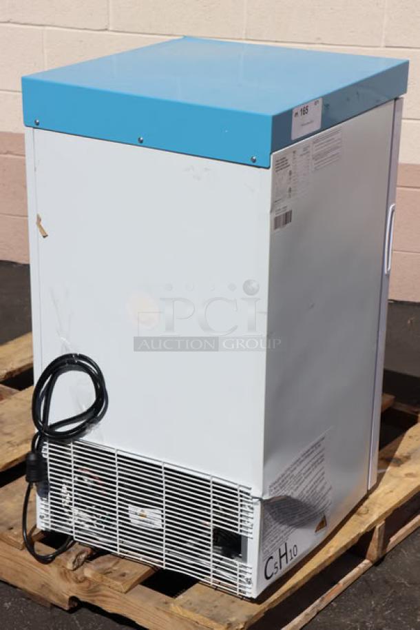 Brand new Summit Appliance ACR32G medical refrigerator, scratch-n-dent, 3.17 cu. ft., white/blue, glass door, 115V.