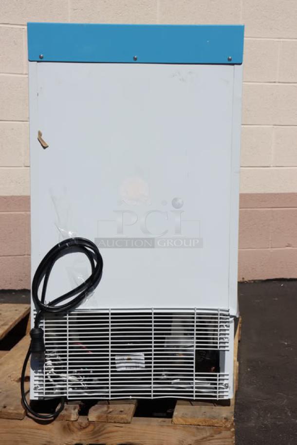 Summit Appliance ACR32G compact medical refrigerator, white/blue, glass door, 3.17 Cu. Ft., brand new, scratch-n-dent condition.