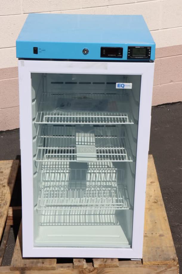 Brand new Summit ACR32G EQTemp medical refrigerator, 3.17 cu. ft., white/blue, glass door, visible controls, 115V.