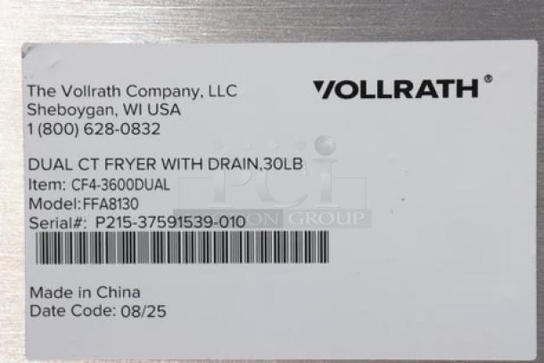 "Vollrath CF4-3600DUAL 30 lb. commercial countertop deep fryer tag, new condition, details model and serial number."