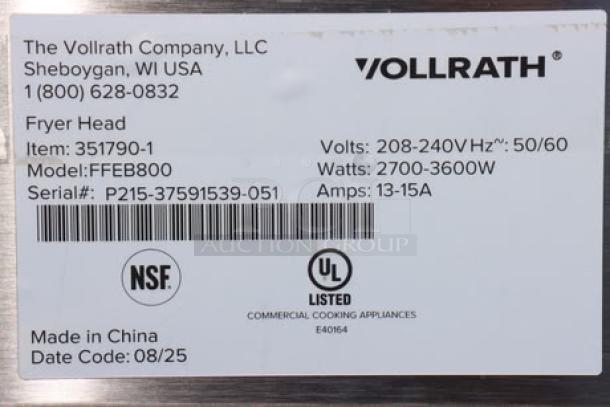 BRAND NEW Vollrath CF4-3600DUAL 30 lb. Commercial Deep Fryer tag, Model: FFE800, 208-240V, S/N: P215-37591539-051.