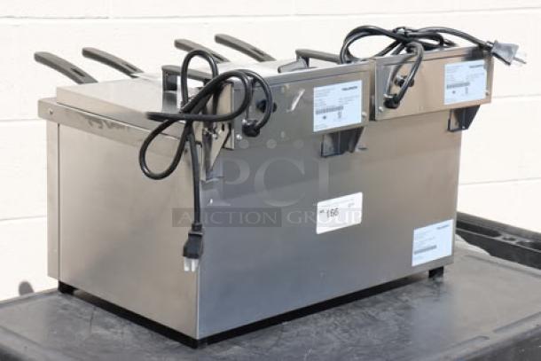 Vollrath CF4-3600DUAL 30 lb. Commercial Deep Fryer, brand new, stainless steel, 208-240V, labeled tags visible.