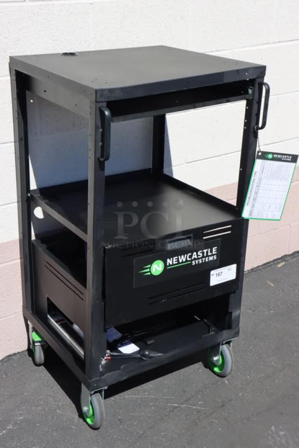 "Brand new Newcastle Systems EcoCart mobile work station, black, with 2 LiFePO4 batteries, charging station, and power strip."