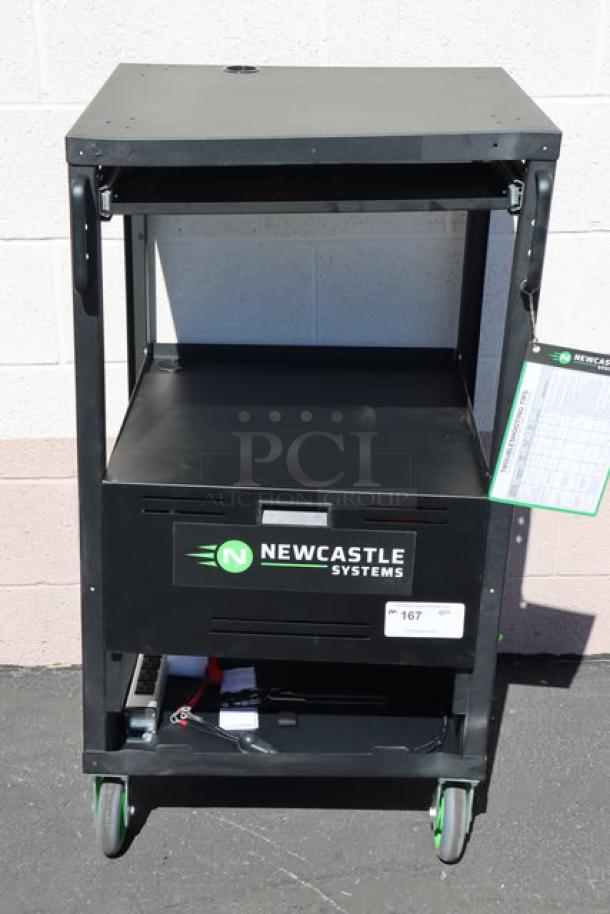 BRAND NEW SCRATCH-N-DENT Newcastle Systems EcoCart, black, 20"x21.75"x43". Includes batteries, charger, power strip, and waste basket.