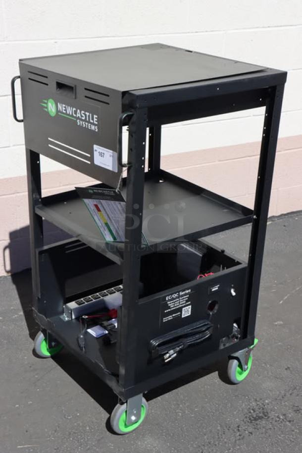 BRAND NEW BLACK Newcastle Systems EcoCart mobile work station, 20"x21.75"x43", with LiFePO4 batteries, charger, power strip.