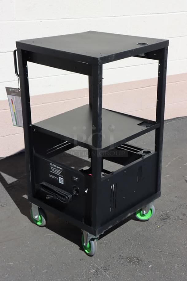 Newcastle Systems EcoCart, black, 20"x21.75"x43", powered mobile work station with batteries, charging station, tags visible.