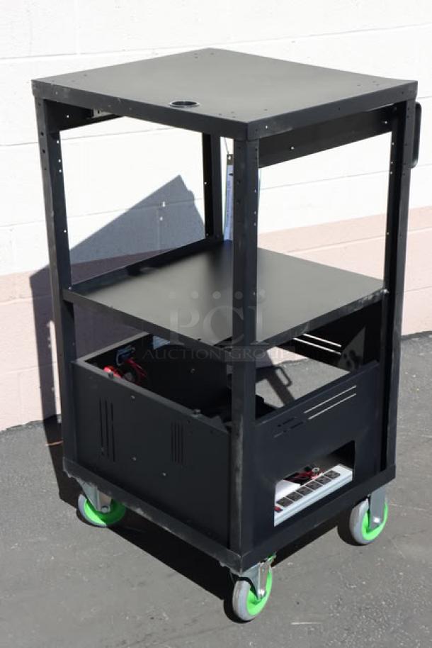 Newcastle Systems EcoCart, black, 20"x21.75"x43", with LiFePO4 batteries, charging station, power strip, and waste basket.