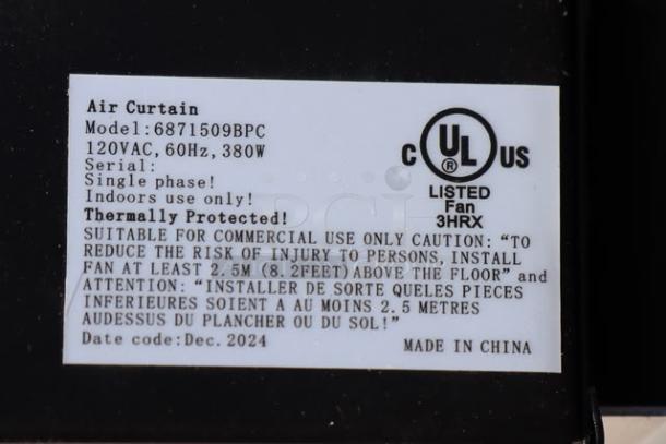BRAND NEW Boltic 36" Air Curtain (Model 6871509BPC) in black powder coat, 120V, 380W. Includes plunger door switch, UL listed.