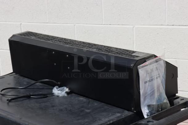 Brand new Boltic 6871509BPC 36" black powder coat air curtain with plunger door switch, visible tags, 120V, 380W.
