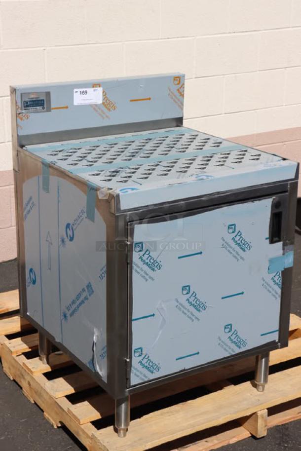 Brand new Advance Tabco PRSCD-19-24-M stainless steel drainboard cabinet, 24"x25", with doors and shelf, protective film intact.