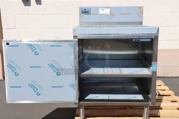 Advance Tabco PRSCD-19-24-M stainless steel enclosed drainboard cabinet, open doors, shelves visible, new condition.
