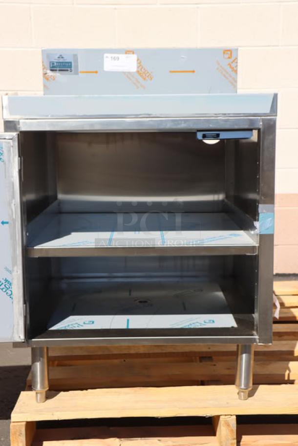 Brand new Advance Tabco PRSCD-19-24-M stainless steel drainboard cabinet, 24x25 inches, with doors and shelf, out of box.