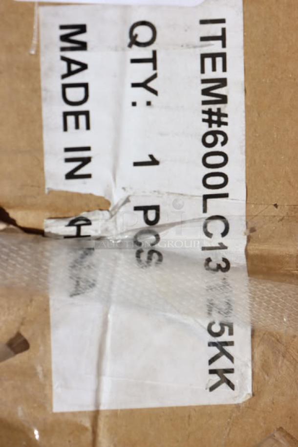 Brown shipping box showing a label with text "ITEM#600LC13125KKK" and "MADE IN" partially visible. Box is slightly damaged.