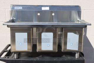 Brand new Regency 600S31014 39" stainless steel 3-compartment sink, 16-gauge, galvanized legs, no drainboards, 10"x14"x12" bowls.