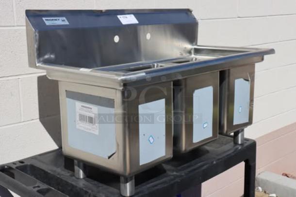 Regency 600S31014 three-compartment stainless steel sink, 39", brand new, scratch-n-dent, 16-gauge, galvanized legs, no drainboards.
