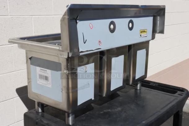 BRAND NEW Regency 600S31014 39" stainless steel three-compartment sink, scratch-n-dent condition, galvanized legs.