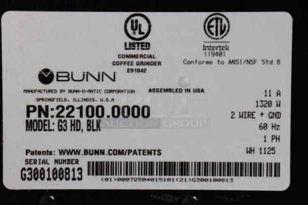 Bunn 22100.0000 G3 HD black bulk coffee grinder, 3 lb capacity, new scratch-n-dent, UL listed, 120V, serial G300100813.