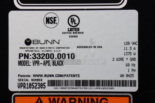 BRAND NEW Bunn VPR-APS Coffee Brewer, Model 33200.0010, 120V, S/N: VPR1052305, scratch-n-dent condition.