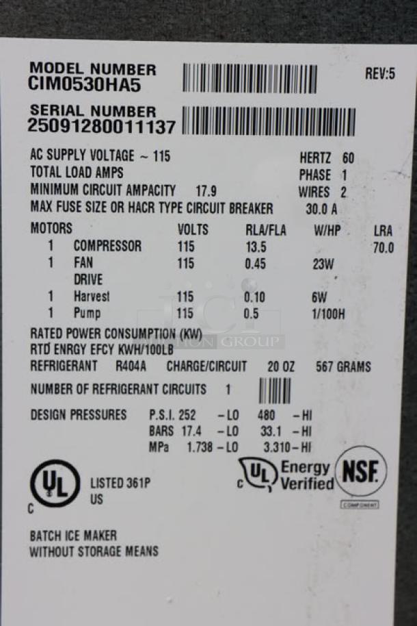 Ice-O-Matic CIM0530HA90 30" air-cooled ice machine, 525 lb capacity, serial 25091280011137, new condition, visible specs and certifications.