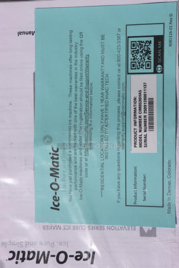 Brand new Ice-O-Matic CIM0530HA90 air-cooled ice machine label, showing model and serial number.