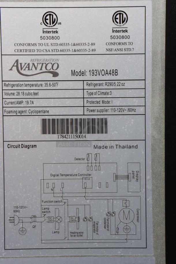 Avantco VOA-48-B label detailing model, serial number 1784211150014, specs like 28.18 cubic feet, and refrigeration details.