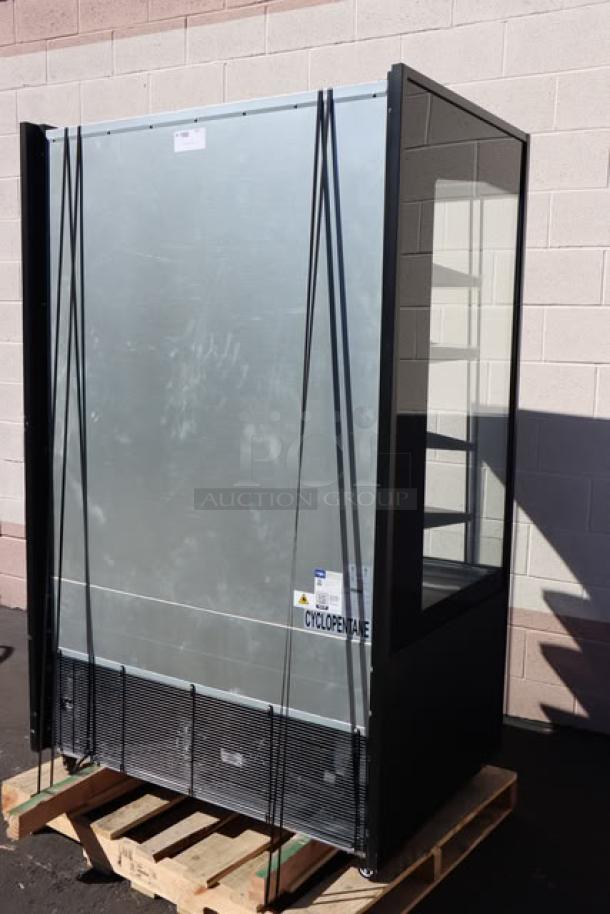 Brand new Avantco VOA-48-B vertical open air merchandiser; black, LED lighting, scratch-n-dent, model label visible.