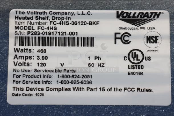 BRAND NEW Vollrath FC-4HS-36120-BKF 36"x25" Drop-In Heated Shelf Warmer, 468W, 120V, flush mount, aluminum hardcoat finish. S/N: P283-01917121-001.