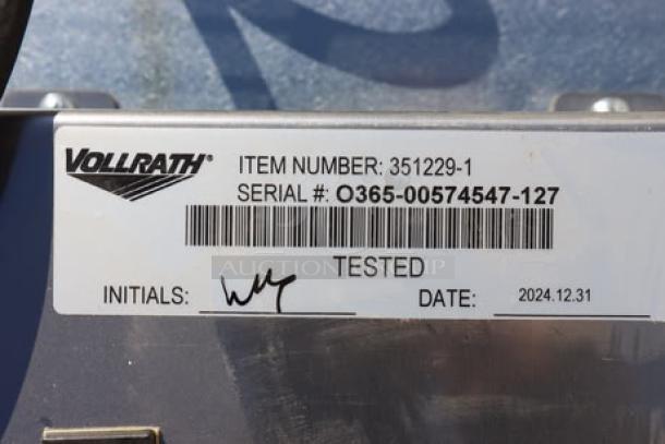 BRAND NEW SCRATCH-N-DENT Vollrath FC-4HS-36120-BKF 36"x25" drop-in heated shelf warmer, aluminum hardcoat, with visible label showing item number, serial number, tested initials, and date.