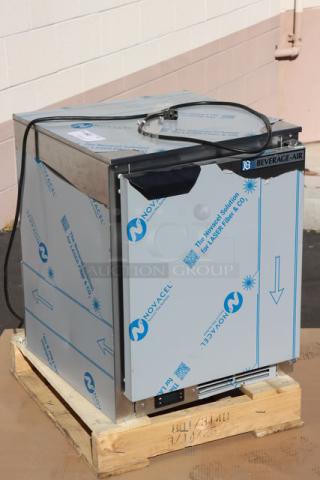 Beverage-Air UCF20HC undercounter freezer, new condition, on pallet. Novacel protective wrap, power cord visible.