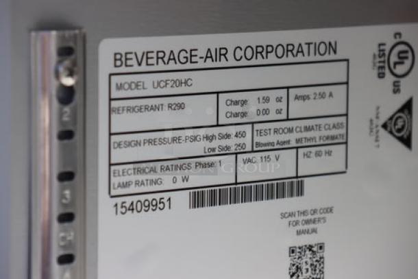 Beverage-Air UCF20HC freezer label close-up, showing model, voltage, amperage, and refrigerant details. Model UCF20HC, 115V.