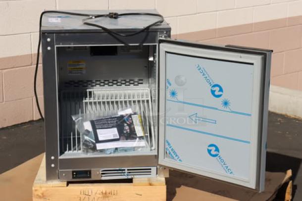 Beverage-Air UCF20HC low profile undercounter freezer, 20", new, 115V, 2.5A, 1 Phase. Door open, original wrap inside.