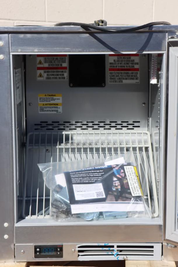 Beverage-Air UCF20HC 20" undercounter freezer, new condition, visible controls and interior; model and safety labels shown.