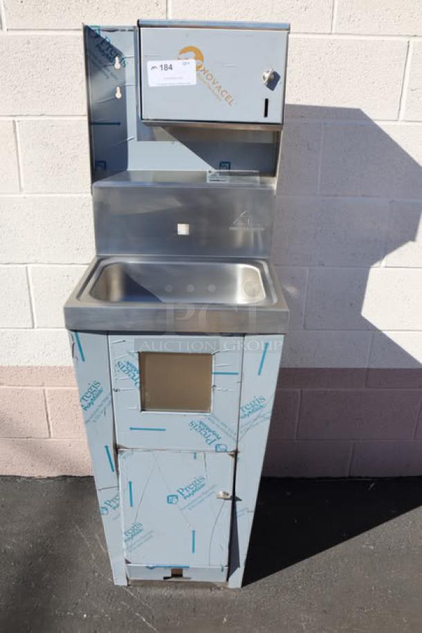 Advance Tabco 7-PS-99 hands-free hand sink, pedestal base, soap and towel dispenser, trash bin; new, out of box.