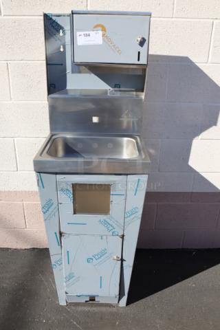 Advance Tabco 7-PS-99 hands-free hand sink, pedestal base, soap and towel dispenser, trash bin; new, out of box.