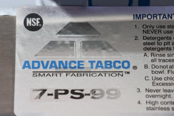 Advance Tabco 7-PS-99 label, showcasing NSF certification and model details.