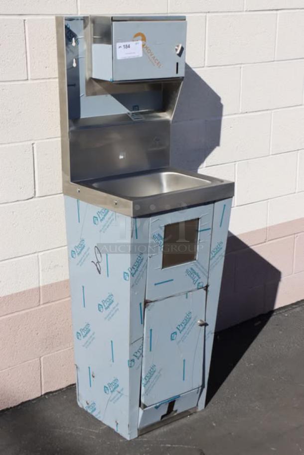 Advance Tabco 7-PS-99 hands-free hand sink with pedestal base, soap and towel dispenser, and trash bin; new, out of box.