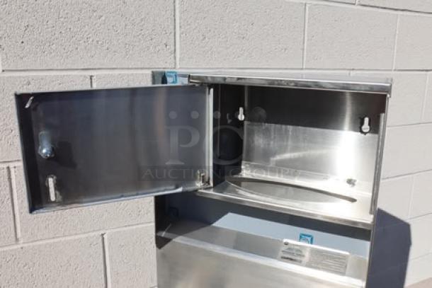 Advance Tabco 7-PS-99 hands-free hand sink, stainless steel, open dispenser view, new condition.
