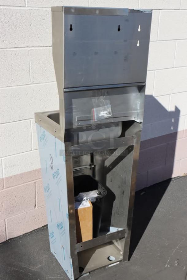 Advance Tabco 7-PS-99 hands-free sink with pedestal base, soap and towel dispenser, trash bin, new, out of box.