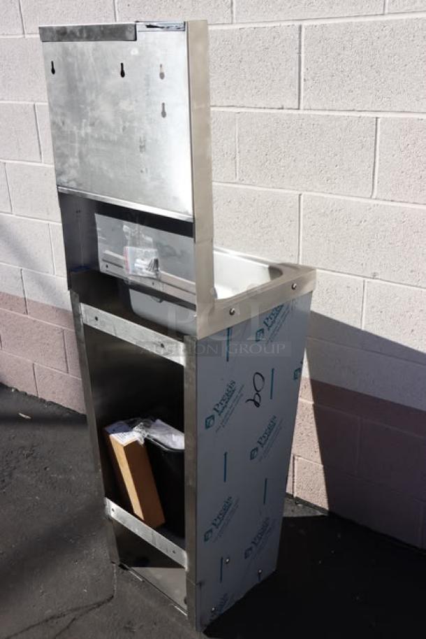 Advance Tabco 7-PS-99 hands-free hand sink, pedestal base, includes soap, towel dispenser, and trash bin, brand new.