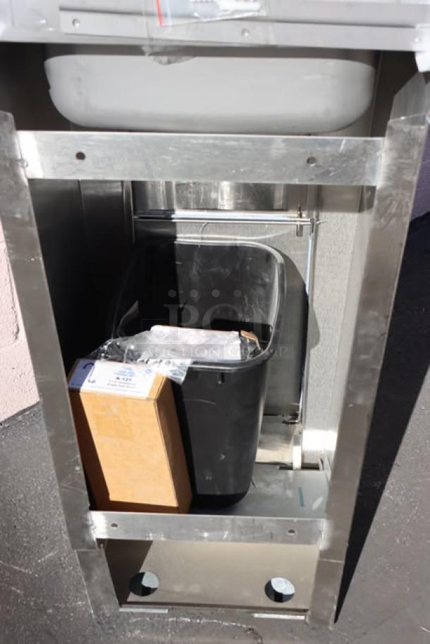 Advance Tabco 7-PS-99 hand sink with pedestal base, featuring soap and towel dispensers, trash bin, brand new condition.